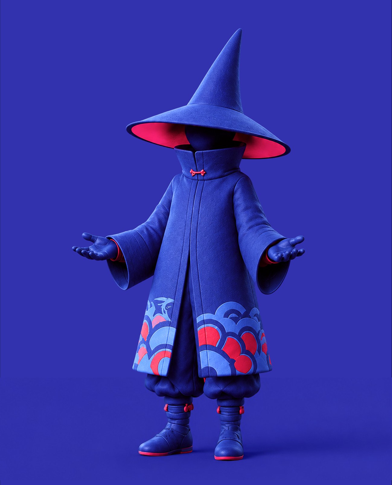 The witch, arms open, in a patterned indigo coat